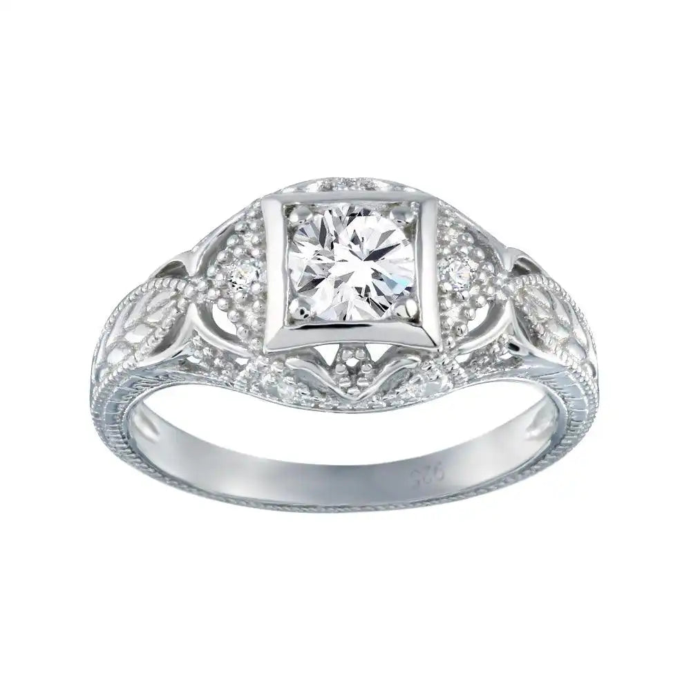 925 Sterling Silver Rhodium Plated Clear CZ Inlay Antique Ring