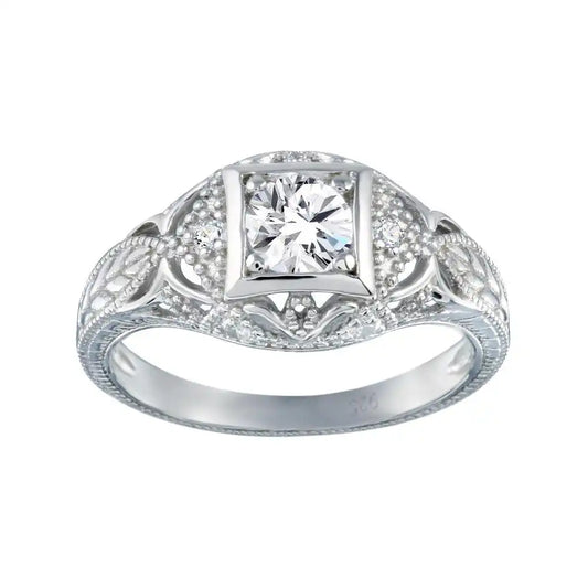 925 Sterling Silver Rhodium Plated Clear CZ Inlay Antique Ring