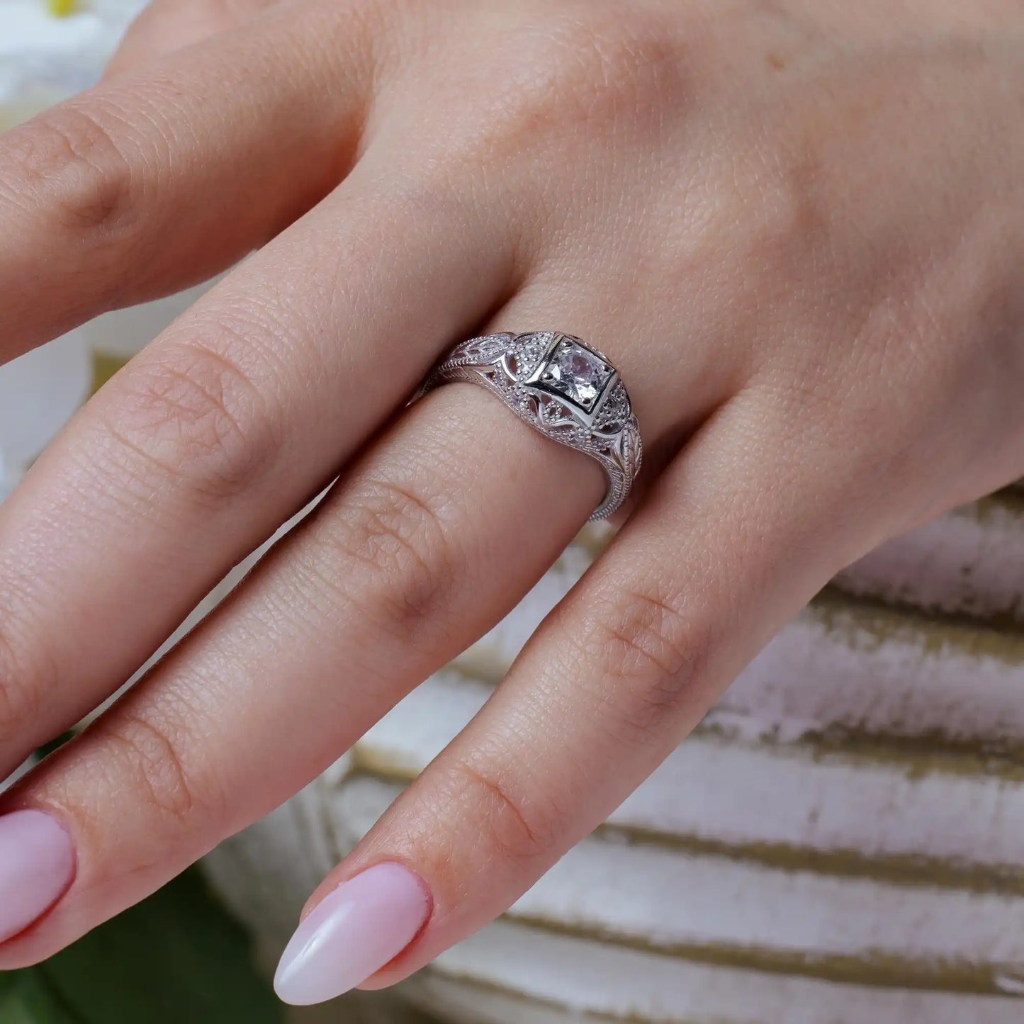 925 Sterling Silver Rhodium Plated Clear CZ Inlay Antique Ring