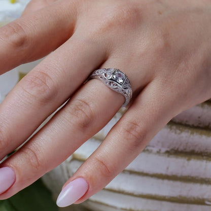 925 Sterling Silver Rhodium Plated Clear CZ Inlay Antique Ring