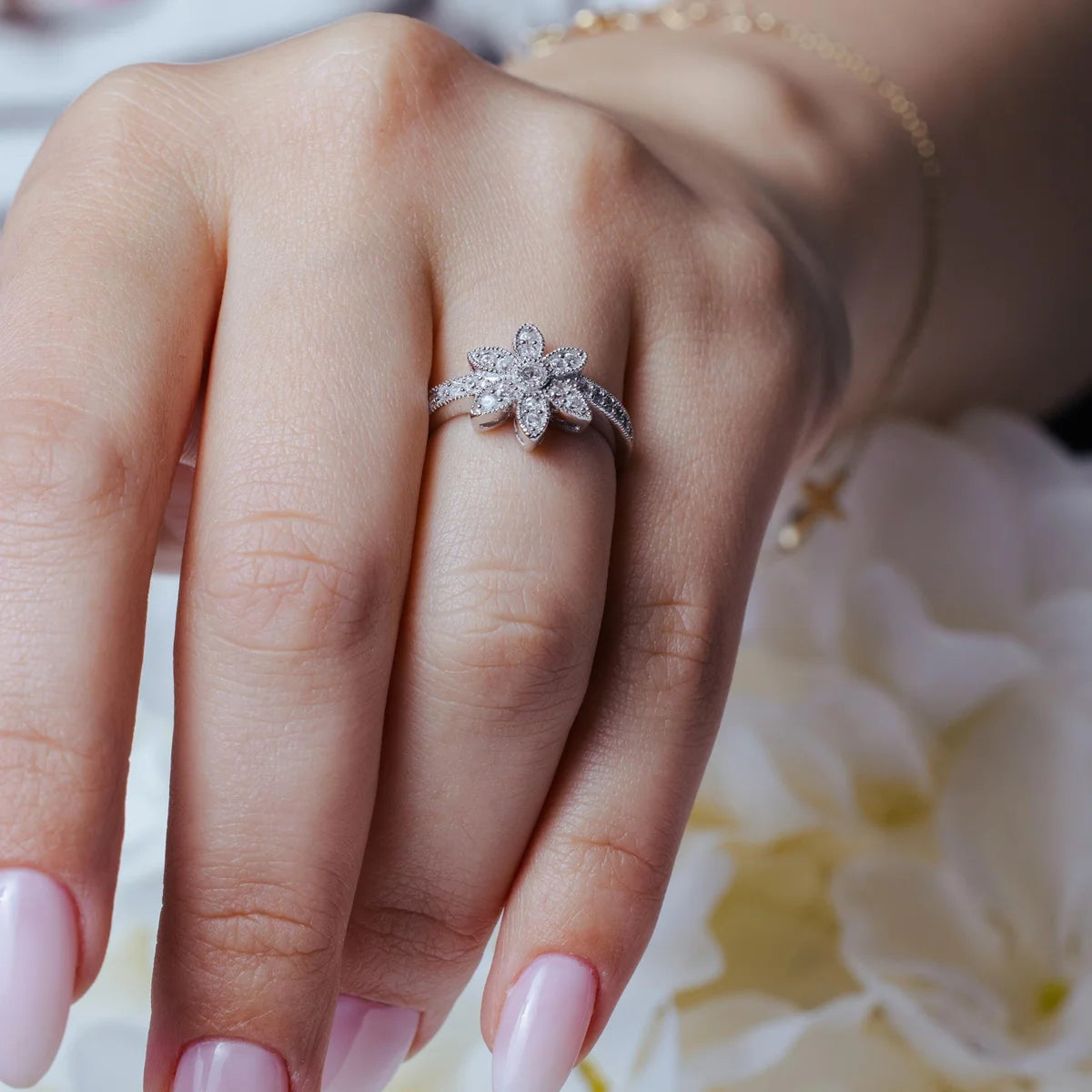 925 Silver Rhodium Plated Micro Pave CZ Flower Ring