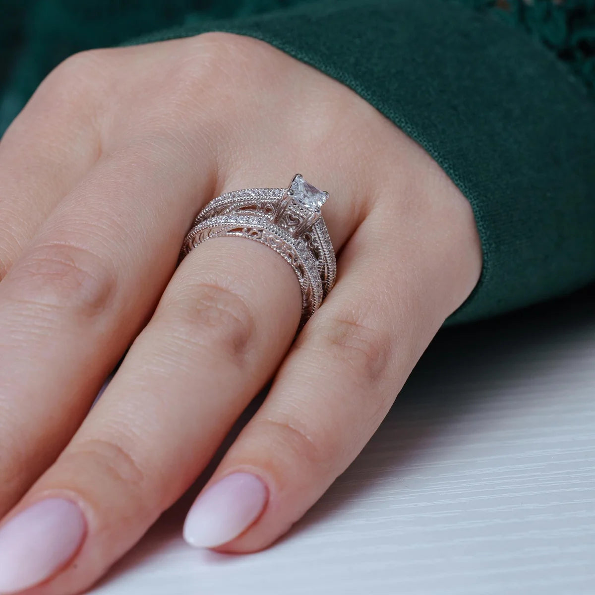 925 Silver Rhodium Plated Pave Princess Cut Center CZ Engagement Ring Set