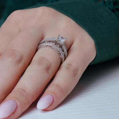 925 Silver Rhodium Plated Pave Princess Cut Center CZ Engagement Ring Set