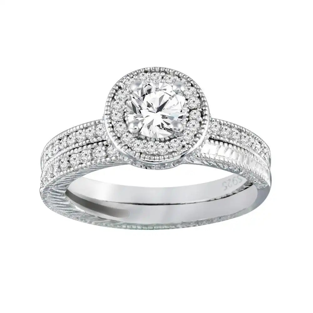 925 Sterling Silver Rhodium Plated Micro Pave CZ Engagement Ring Set