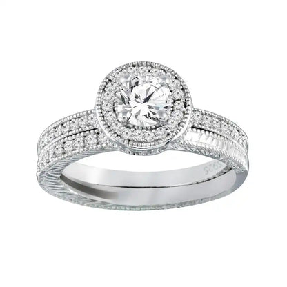 925 Sterling Silver Rhodium Plated Micro Pave CZ Engagement Ring Set