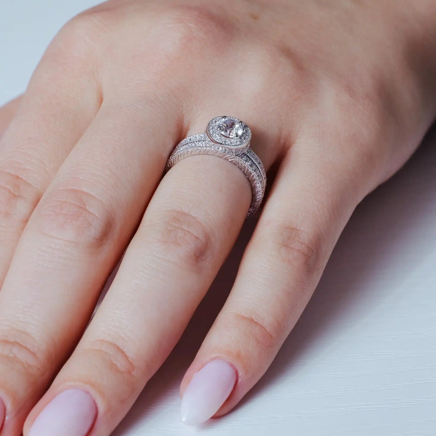 925 Sterling Silver Rhodium Plated Micro Pave CZ Engagement Ring Set