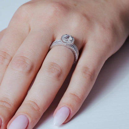925 Sterling Silver Rhodium Plated Micro Pave CZ Engagement Ring Set