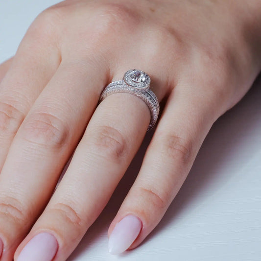 925 Sterling Silver Rhodium Plated Micro Pave CZ Engagement Ring Set