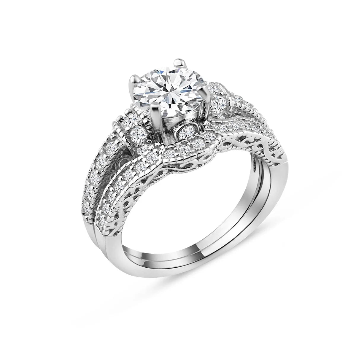 925 Silver Rhodium Plated Pave Round Center Clear CZ Engagement Ring Set