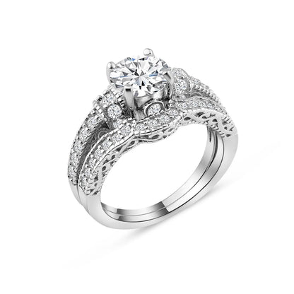 925 Silver Rhodium Plated Pave Round Center Clear CZ Engagement Ring Set