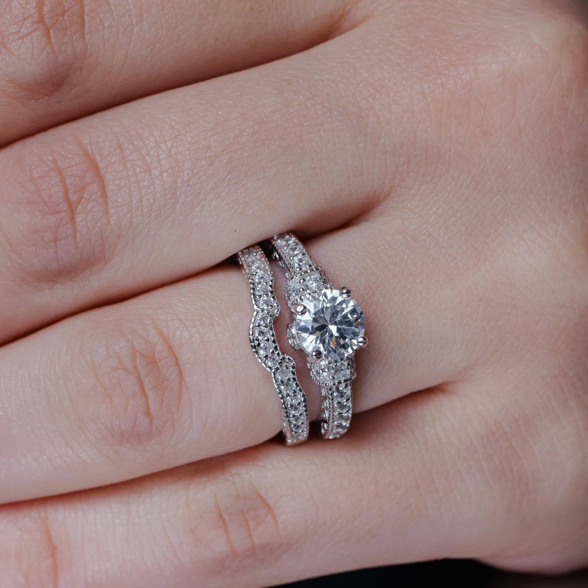 925 Silver Rhodium Plated Pave Round Center Clear CZ Engagement Ring Set