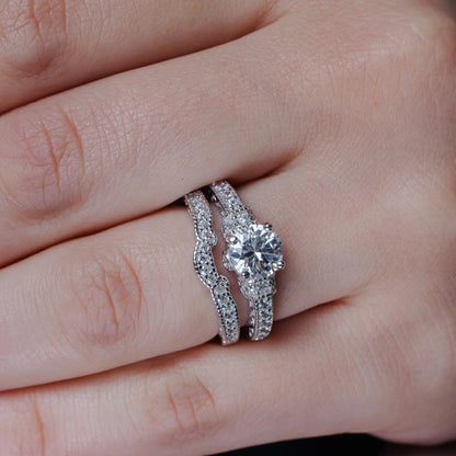 925 Silver Rhodium Plated Pave Round Center Clear CZ Engagement Ring Set