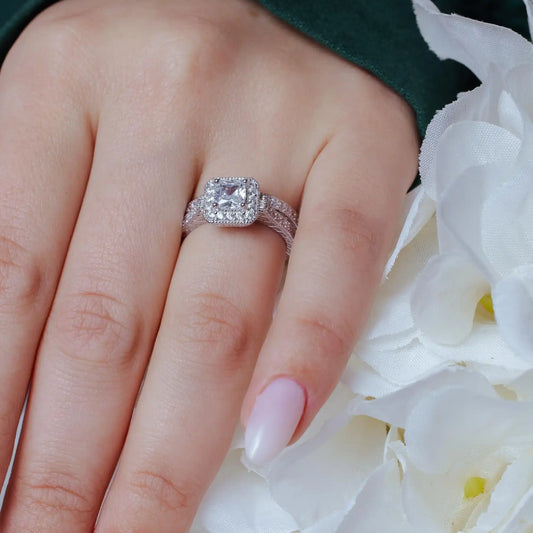 925 Sterling Silver Rhodium Plated Pave Clear Square Cluster CZ Engagement Ring Set