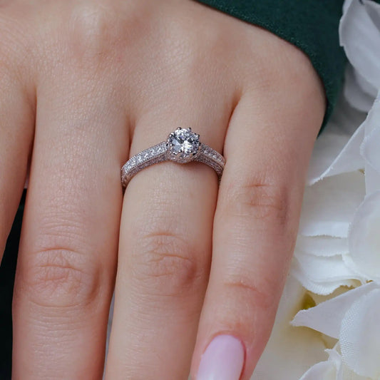925 Sterling Silver Rhodium Plated Pave Round Center CZ Ring