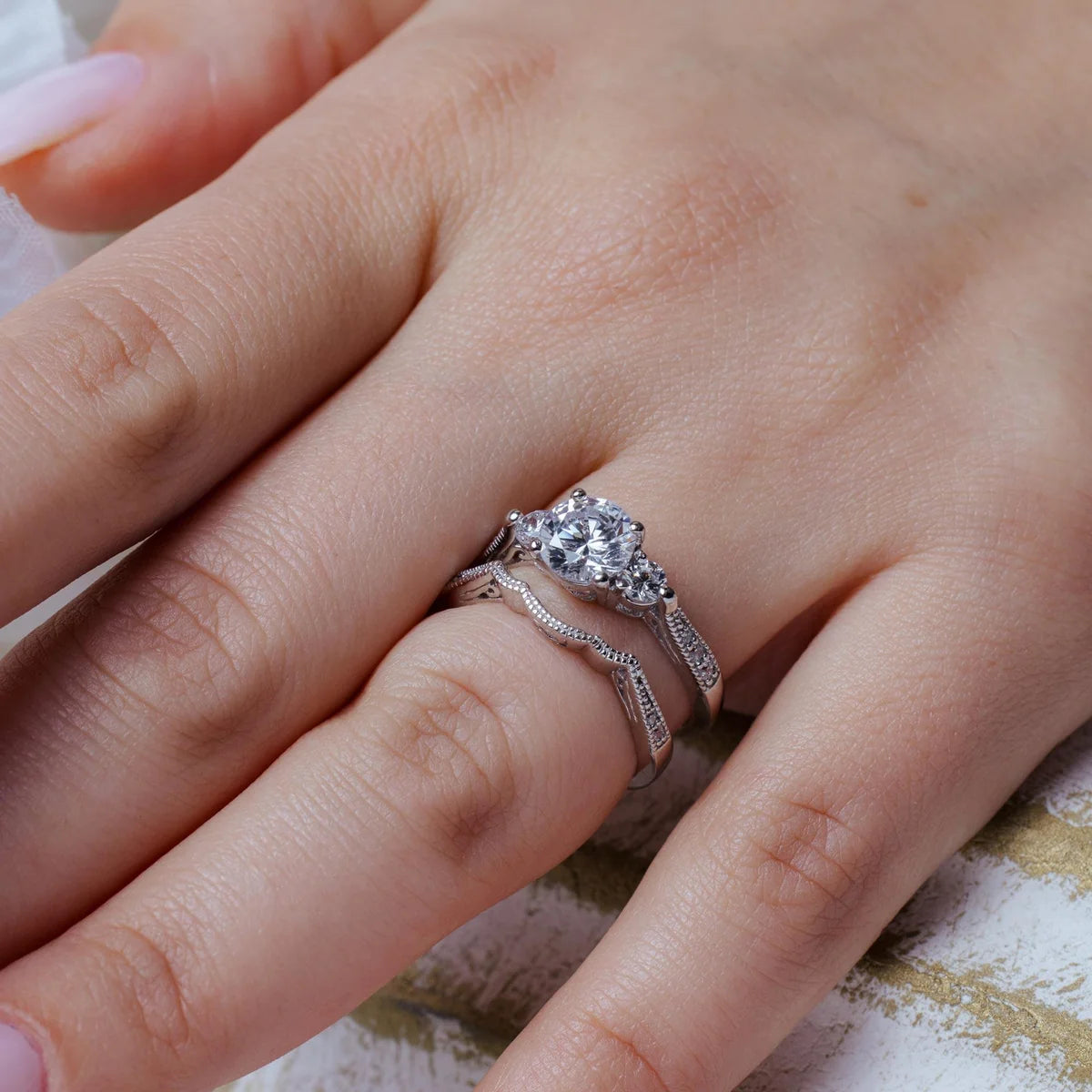 925 Silver Rhodium Plated CZ Bridal Engagement Ring Set
