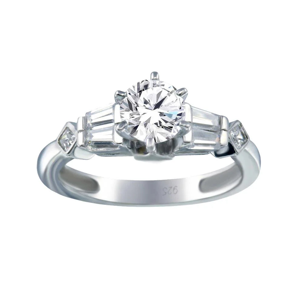 925 Sterling Silver Rhodium Plated Clear Baguette Round Center CZ Ring