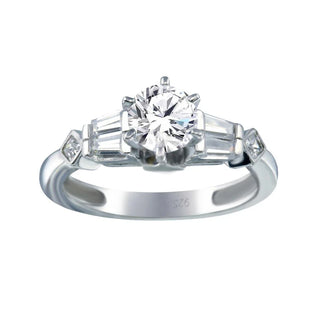 925 Sterling Silver Rhodium Plated Clear Baguette Round Center CZ Ring
