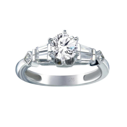 925 Sterling Silver Rhodium Plated Clear Baguette Round Center CZ Ring