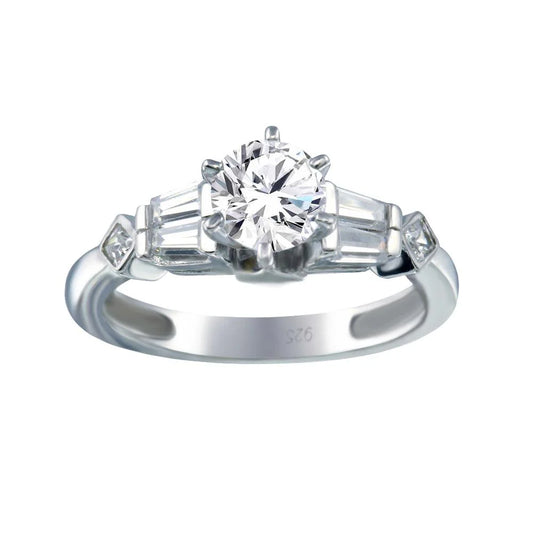 925 Sterling Silver Rhodium Plated Clear Baguette Round Center CZ Ring