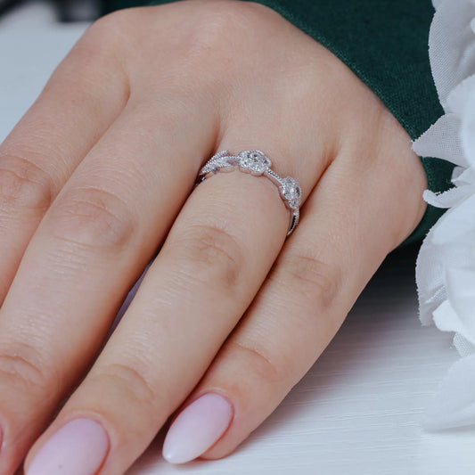 925 Sterling Silver Rhodium Plated CZ Flower Leaf Eternity Ring