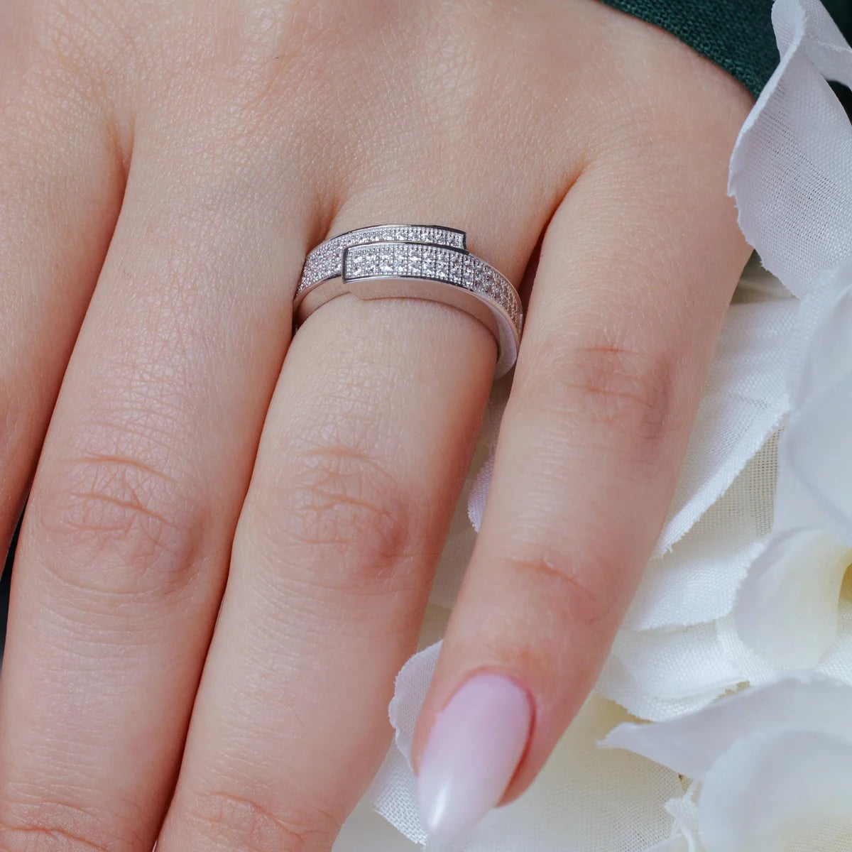 925 Silver Rhodium Plated Micro Pave CZ Overlap Ring