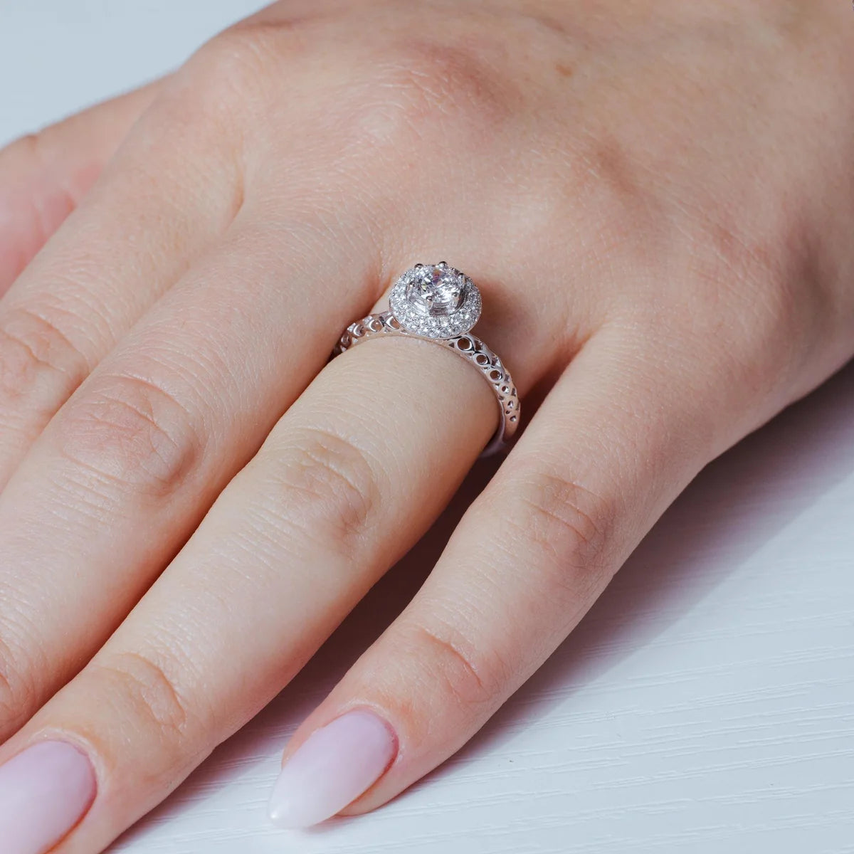 925 Silver Rhodium Plated Micro Pave Clear Cluster Round Center CZ Perforated Ring