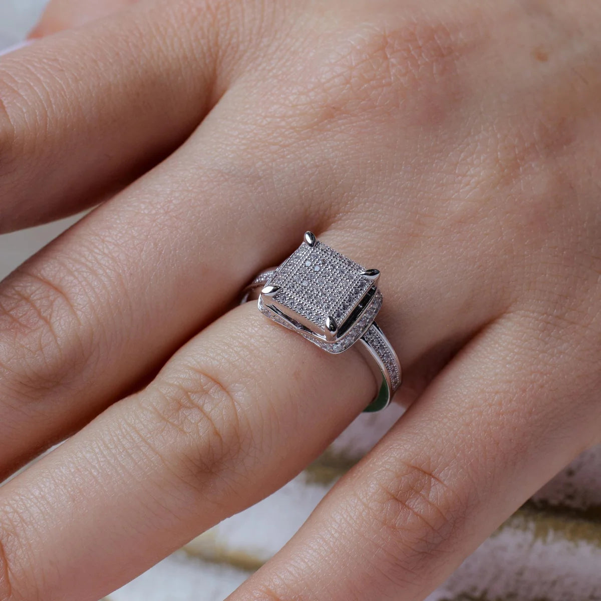 925 Silver Rhodium Plated Micro Pave CZ Square Ring