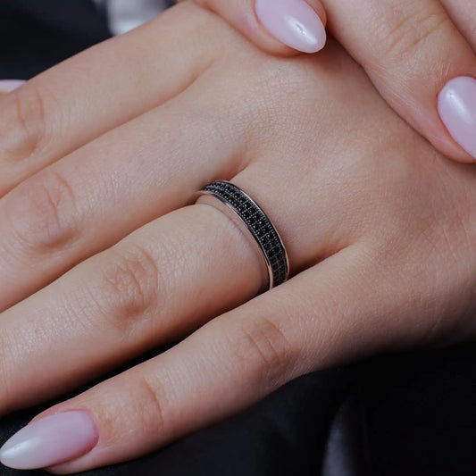925 Sterling Silver Rhodium Plated Half Micro Pave Black CZ Ring