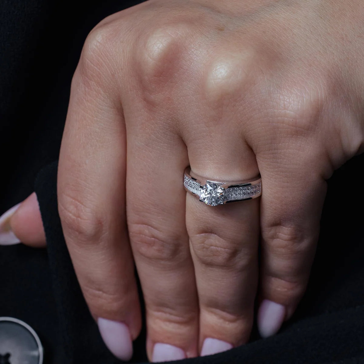 925 Silver Rhodium and Black Rhodium Plated Micro Pave Clear and Black CZ Ring