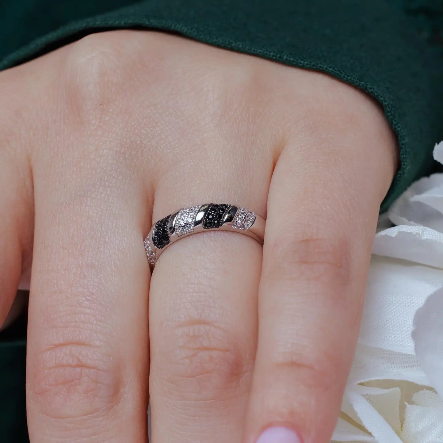 925 Sterling Silver Rhodium and Black Rhodium Plated Black and Clear Micro Pave CZ Stripe Ring