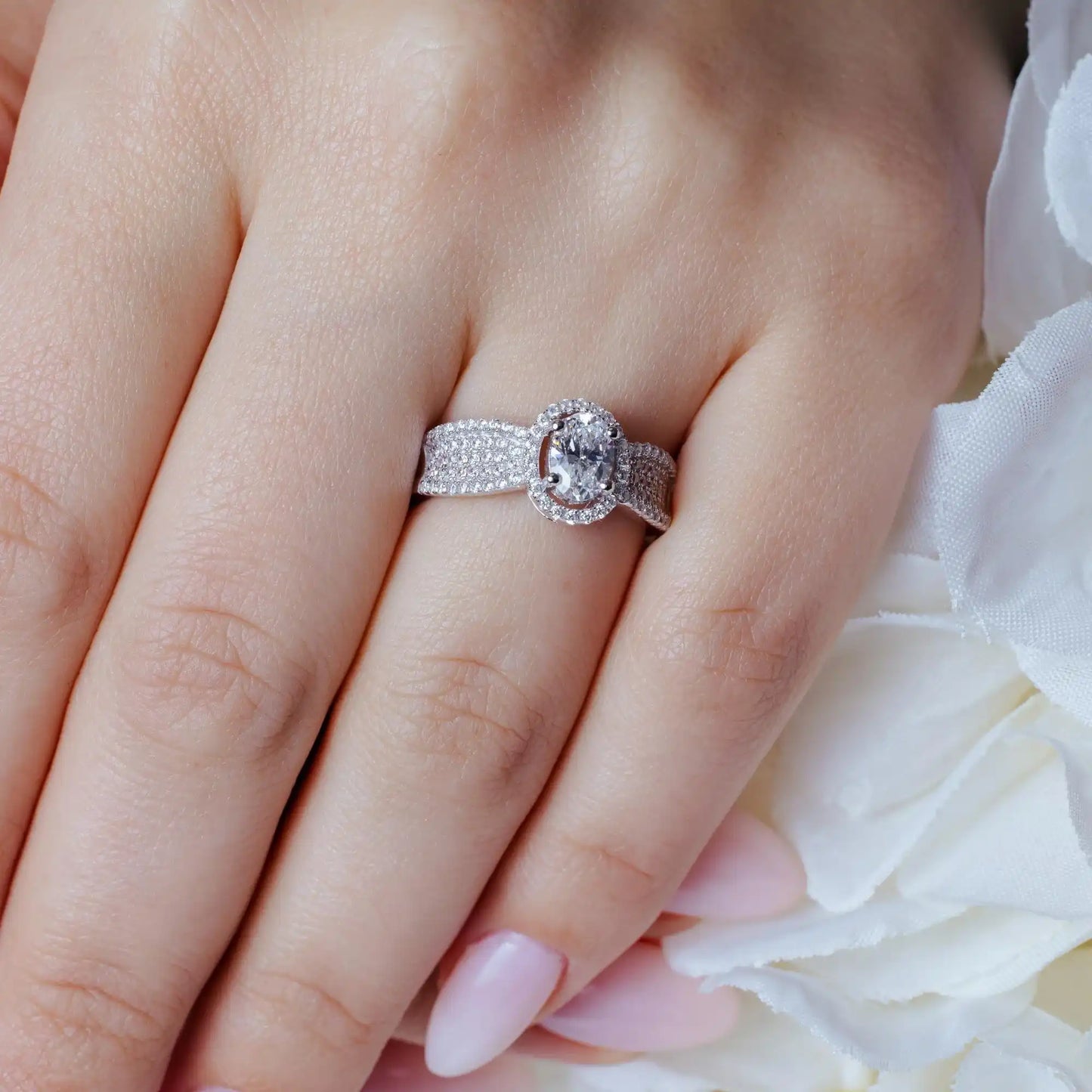 925 Sterling Silver Rhodium Plated Micro Pave CZ Oval Ring