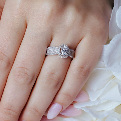 925 Sterling Silver Rhodium Plated Micro Pave CZ Oval Ring