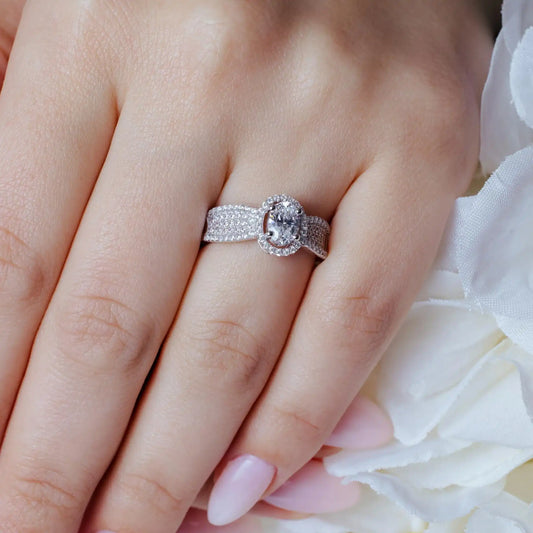 925 Sterling Silver Rhodium Plated Micro Pave CZ Oval Ring