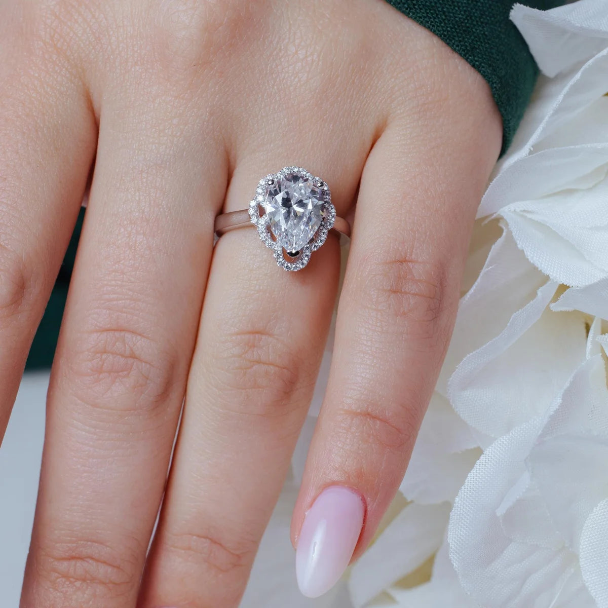 925 Silver Rhodium Plated Micro Pave CZ Tear Drop Ring