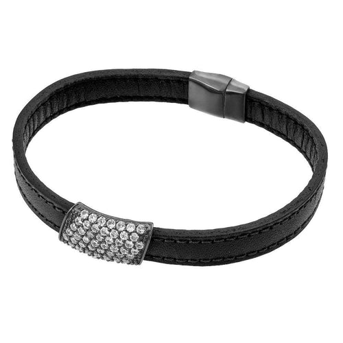 925 Silver Clearance- Black Rhodium Plated Clear Micro Pave CZ Leather Bracelet - ECB004BLK