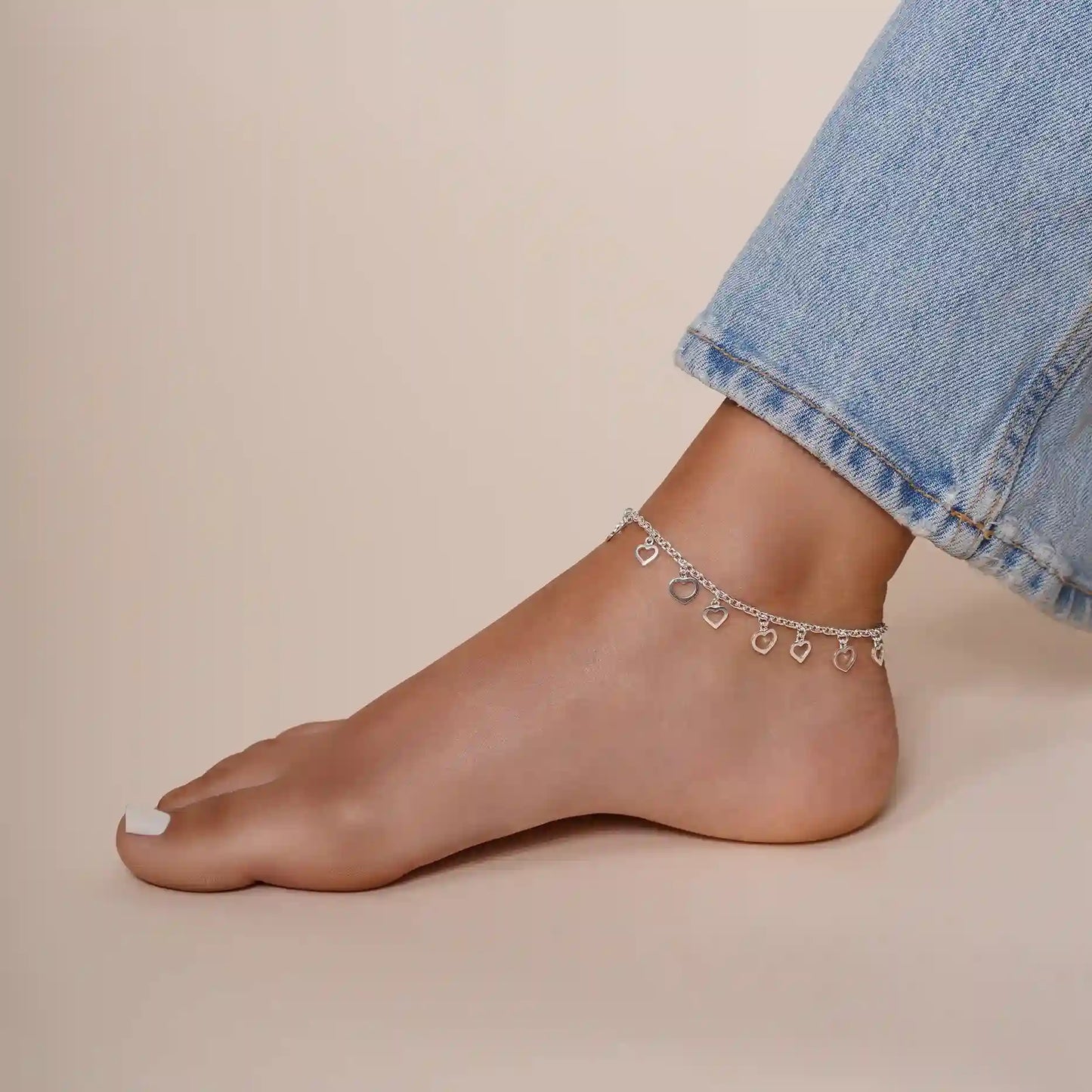 925 Sterling Silver Multi Dangling Open Hearts Anklet