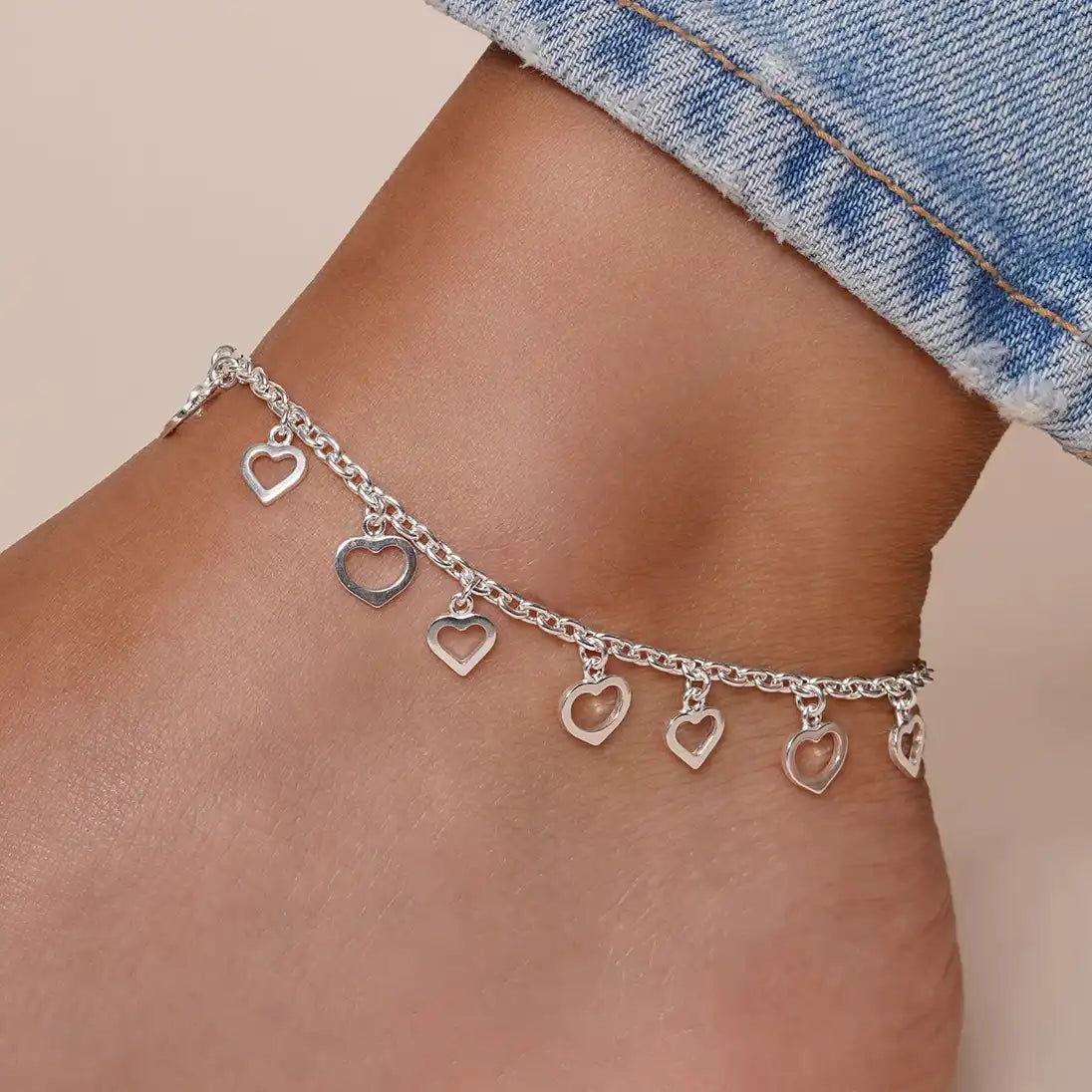 925 Sterling Silver Multi Dangling Open Hearts Anklet