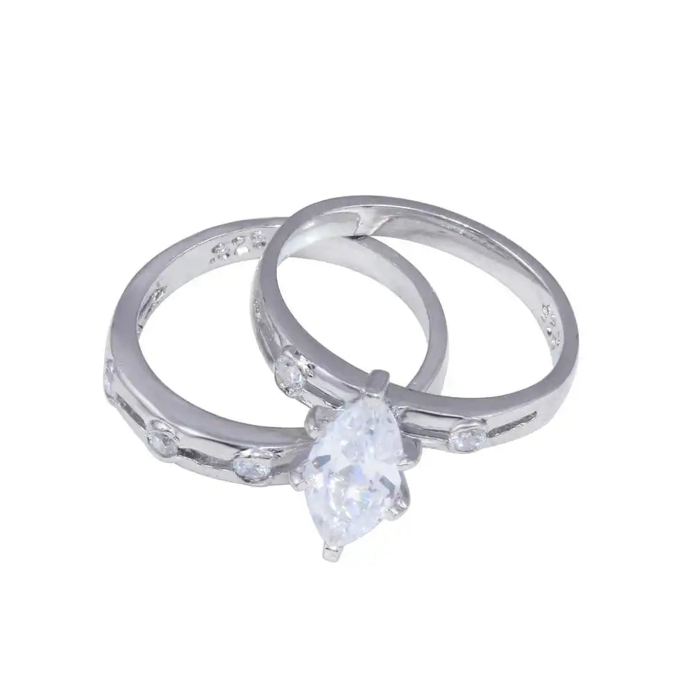 925 Sterling Silver Rhodium Plated Clear Marquise CZ Engagement Ring Set