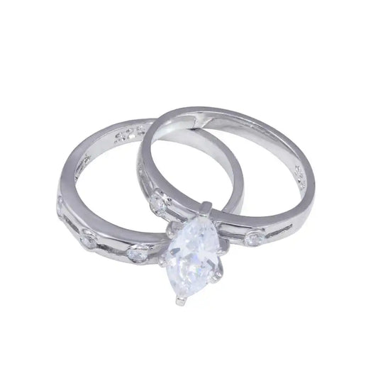 925 Sterling Silver Rhodium Plated Clear Marquise CZ Engagement Ring Set