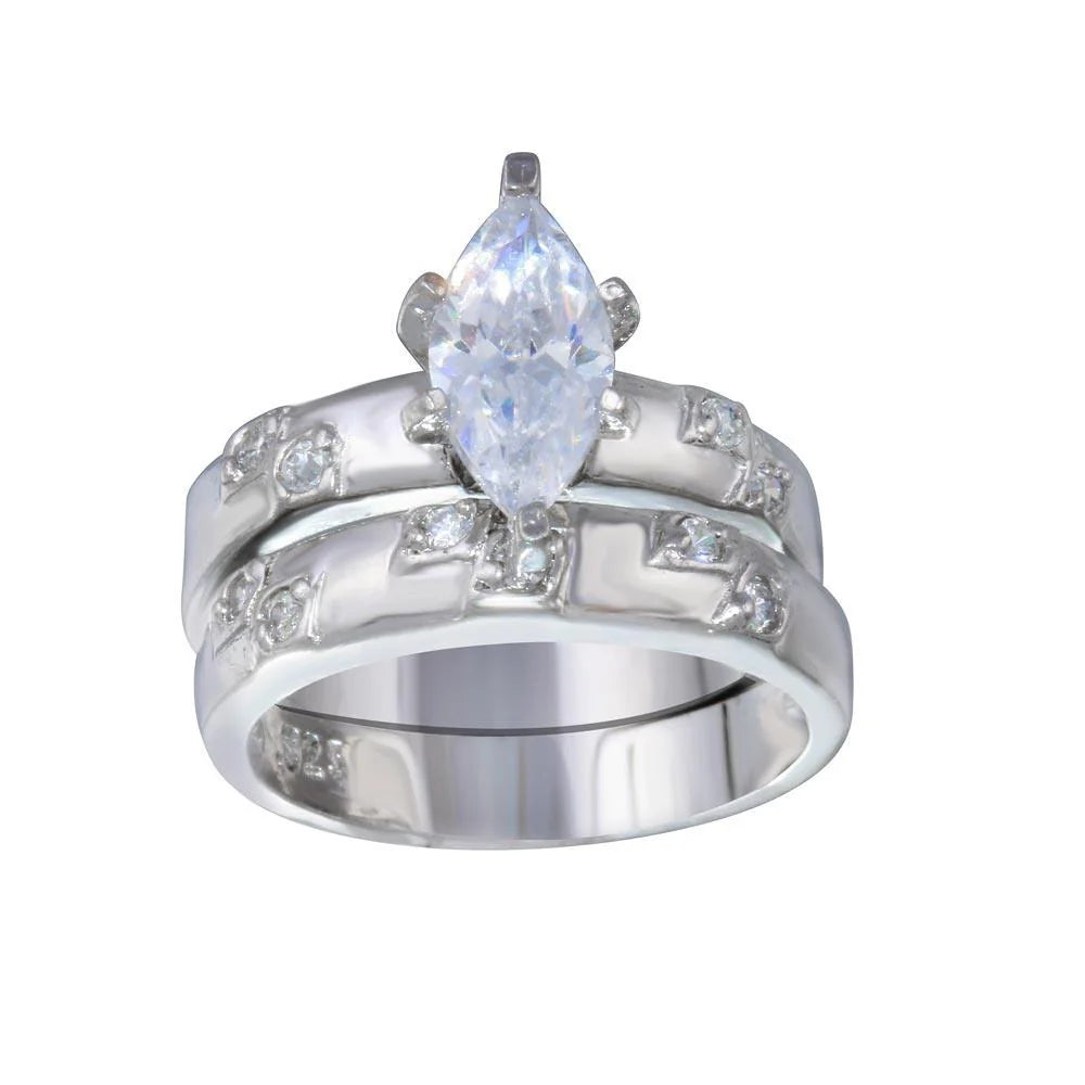 925 Sterling Silver Rhodium Plated Clear Marquise CZ Engagement Ring Set