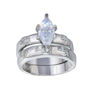 925 Sterling Silver Rhodium Plated Clear Marquise CZ Engagement Ring Set