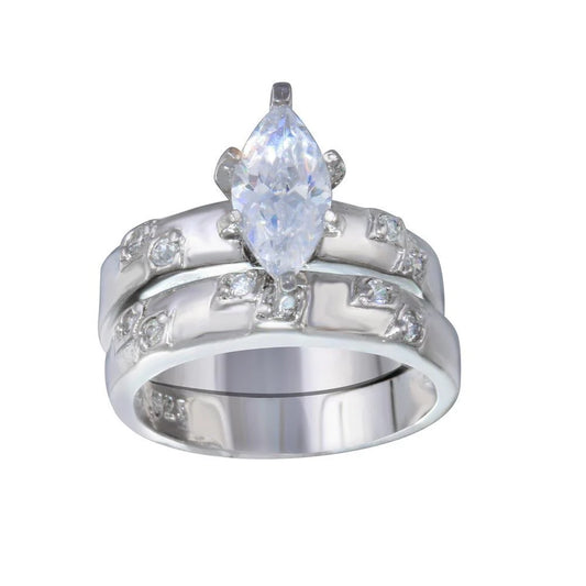 925 Sterling Silver Rhodium Plated Clear Marquise CZ Engagement Ring Set