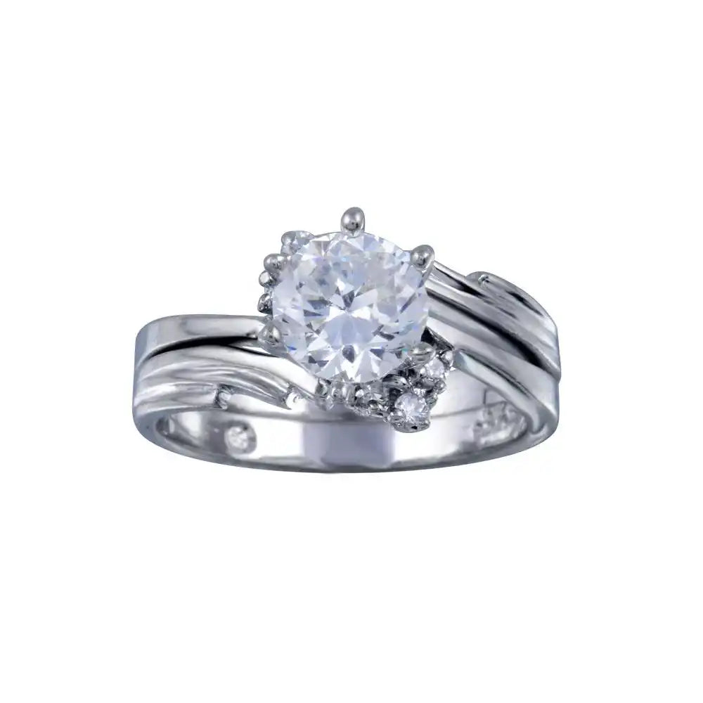 925 Sterling Silver Rhodium Plated Clear Round Sided Solitaire CZ Engagement Ring Set