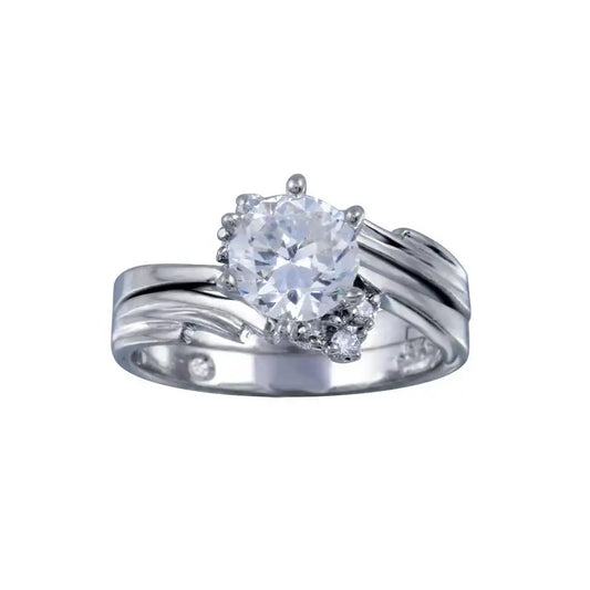 925 Sterling Silver Rhodium Plated Clear Round Sided Solitaire CZ Engagement Ring Set