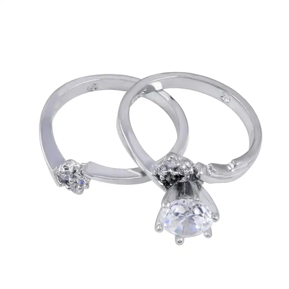 925 Sterling Silver Rhodium Plated Clear Round Sided Solitaire CZ Engagement Ring Set