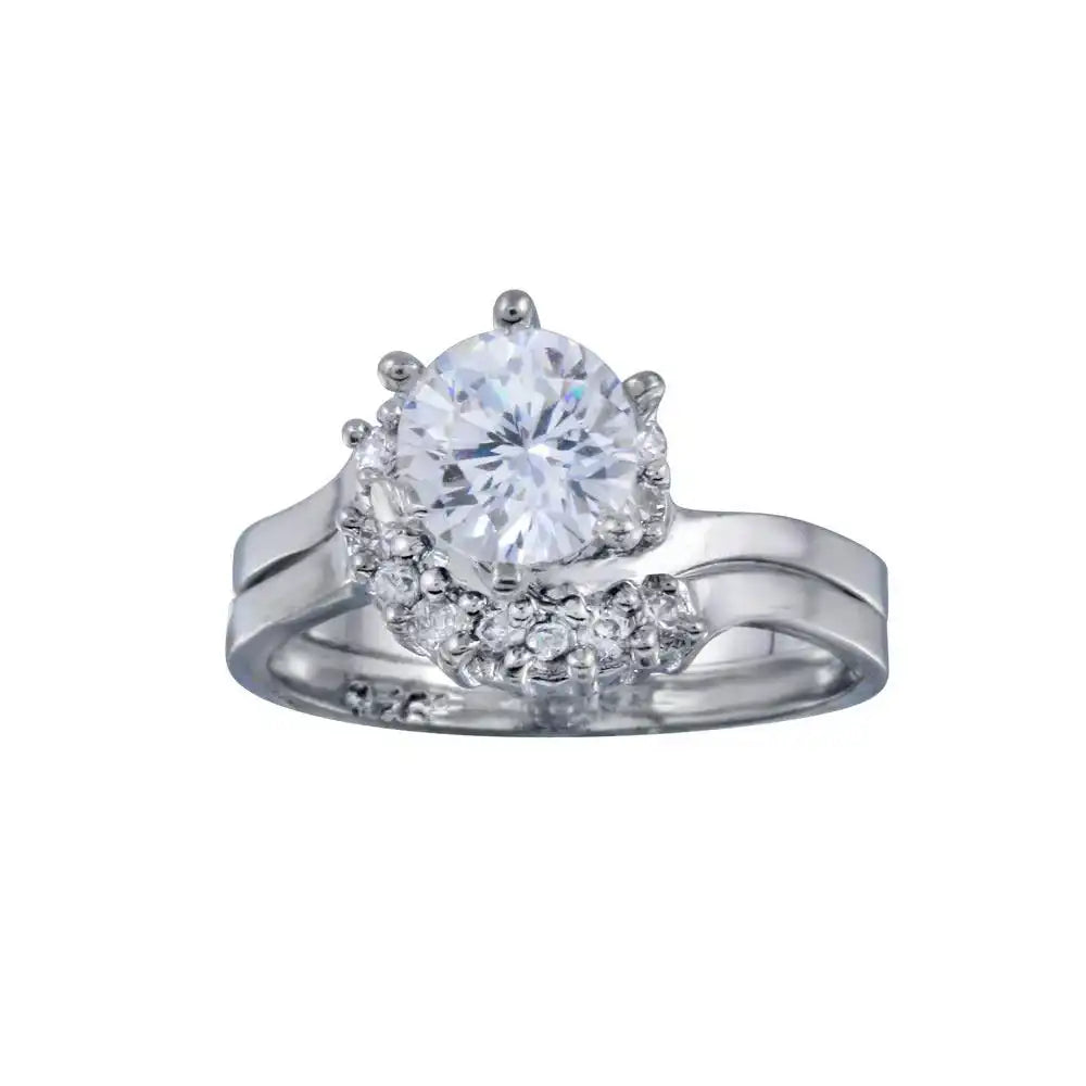 925 Sterling Silver Rhodium Plated Clear Cluster Solitaire CZ Engagement Ring Set