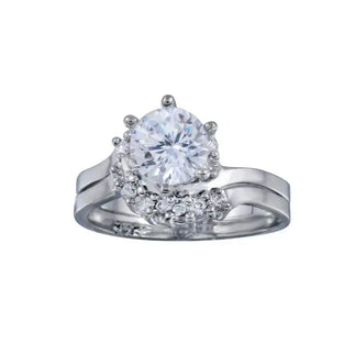 925 Sterling Silver Rhodium Plated Clear Cluster Solitaire CZ Engagement Ring Set