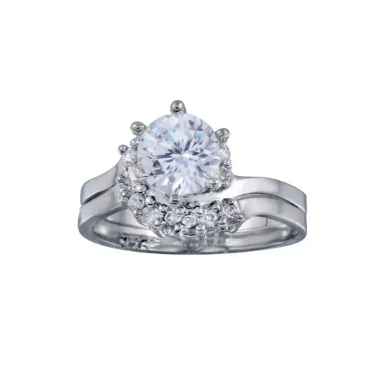 925 Sterling Silver Rhodium Plated Clear Cluster Solitaire CZ Engagement Ring Set