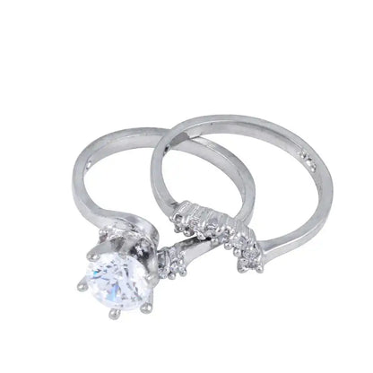 925 Sterling Silver Rhodium Plated Clear Cluster Solitaire CZ Engagement Ring Set
