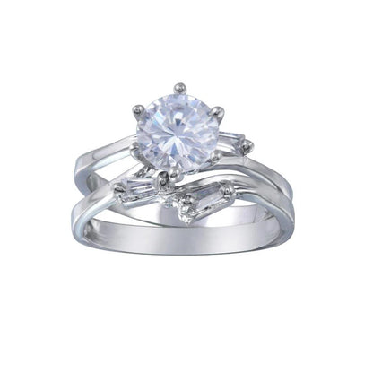 925 Silver Rhodium Plated Clear Solitaire Baguette Sides CZ Engagement Ring Set